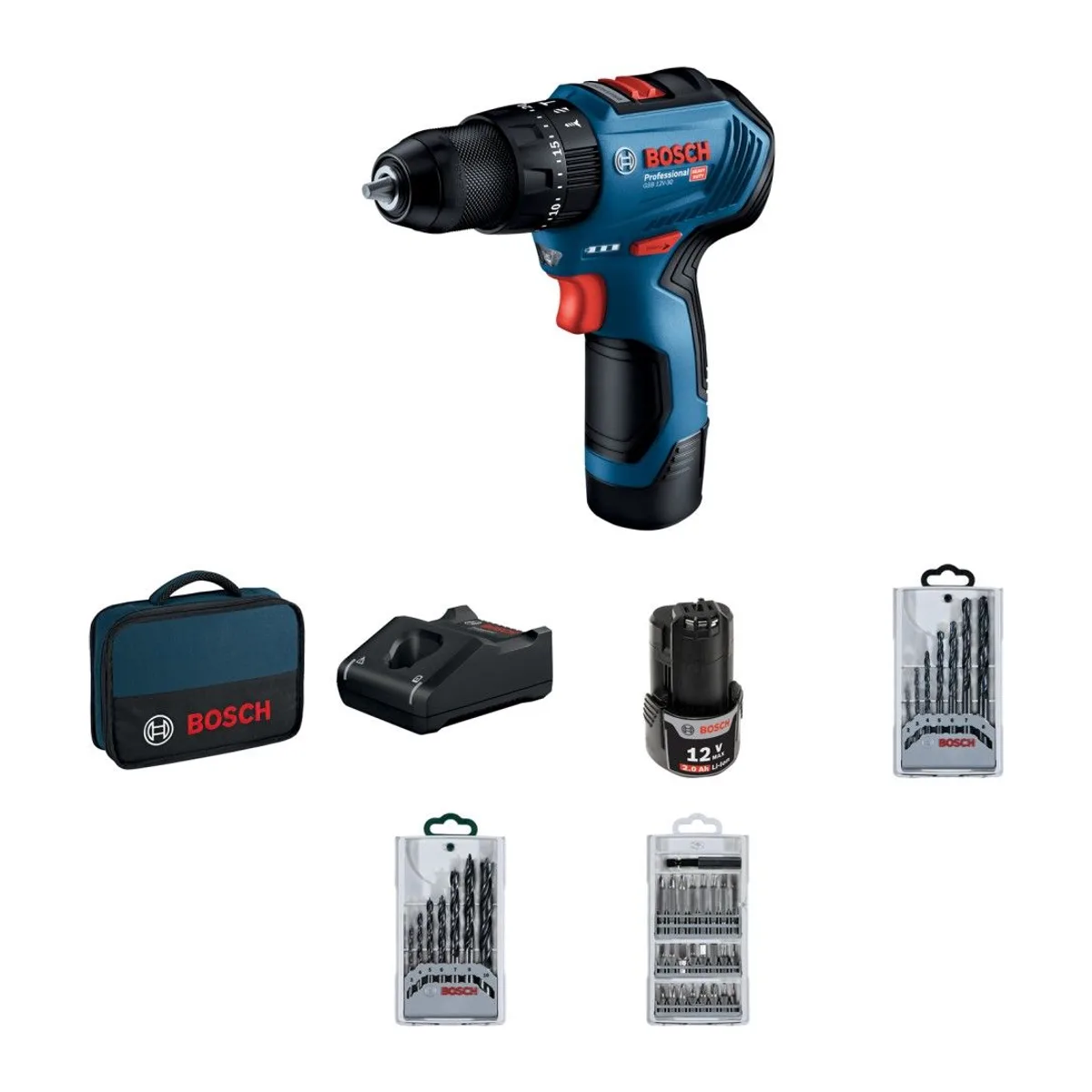BOSCH GSB 12V-30+39 PCS DRİLL+BİTSET(2X2.0AH)