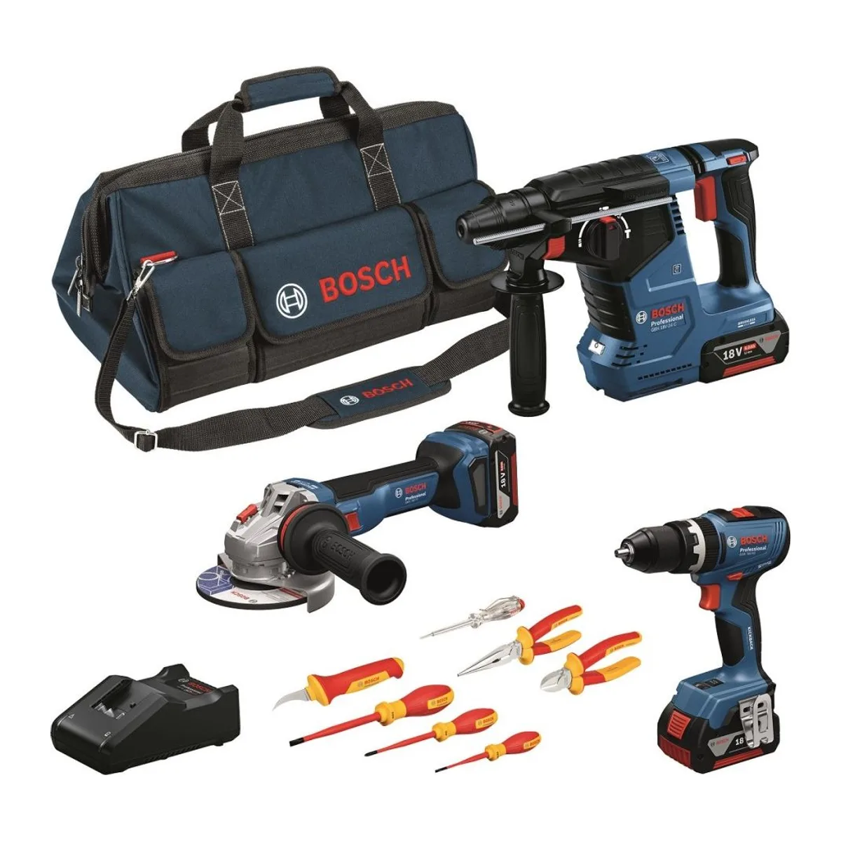BOSCH GSB 18V-65+GWS 18V-11+GBH 18V-24 C+3XGBA5.0AH+VDE TORNAVİDA  VE PENSE SETİ