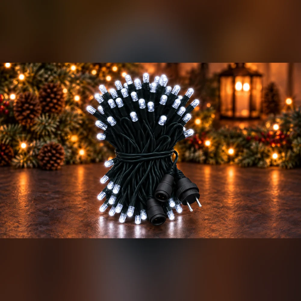 LED String 100 LED 10 m IP65 Sabit – Beyaz, Siyah Kablo